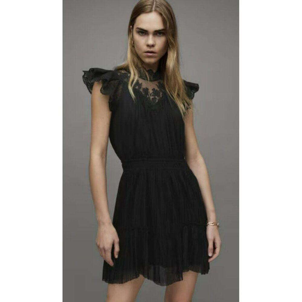 All Saints Azura Embroidered Mini Lace Dress Black Sz 2 NWOT